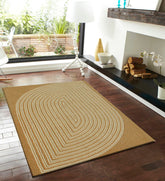 Modern minimalist area rug with curved concentric line pattern